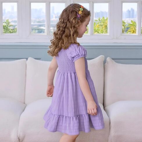 Little Bitty Toddler Girls Dress Square Neck Puff Sleeve A-Line Smocked Dresses Toddler Girls Summer Outfits 2-7 Years in Kuwait