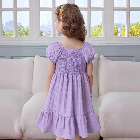 Little Bitty Toddler Girls Dress Square Neck Puff Sleeve A-Line Smocked Dresses Toddler Girls Summer Outfits 2-7 Years in Kuwait