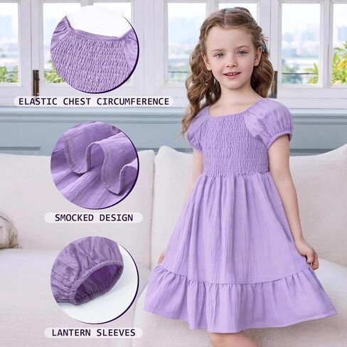 Little Bitty Toddler Girls Dress Square Neck Puff Sleeve A-Line Smocked Dresses Toddler Girls Summer Outfits 2-7 Years in Kuwait
