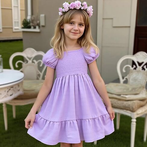 Little Bitty Toddler Girls Dress Square Neck Puff Sleeve A-Line Smocked Dresses Toddler Girls Summer Outfits 2-7 Years in Kuwait