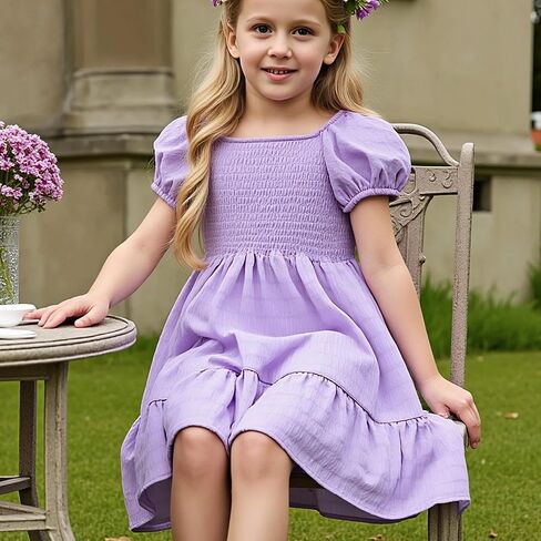 Little Bitty Toddler Girls Dress Square Neck Puff Sleeve A-Line Smocked Dresses Toddler Girls Summer Outfits 2-7 Years in Kuwait