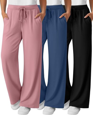 3 Pack Women's Wide Leg Lounge Pants, Loose Drawstring Yoga Sweatpants with Pockets Casual Cozy Pajama Jogger Pants in Saudi Arabia