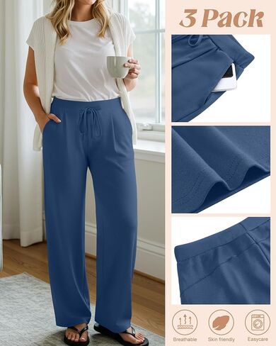 3 Pack Women's Wide Leg Lounge Pants, Loose Drawstring Yoga Sweatpants with Pockets Casual Cozy Pajama Jogger Pants in Saudi Arabia