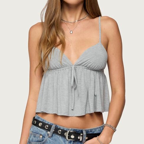 Women's Y2K Babydoll Cami Top Sleeveless V Neck Tie Front Crop Top Ruffle Hem Peplum Tank Shirt Going Out Camisole in Kuwait