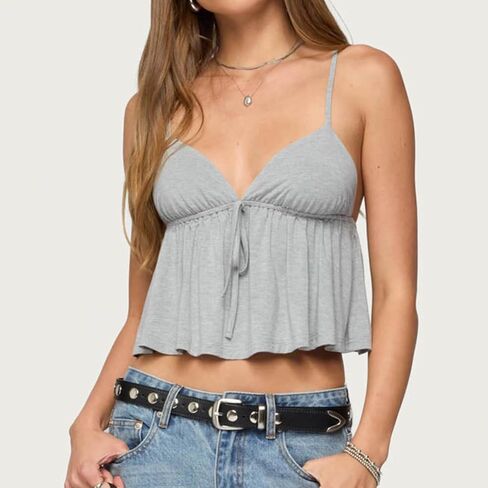 Women's Y2K Babydoll Cami Top Sleeveless V Neck Tie Front Crop Top Ruffle Hem Peplum Tank Shirt Going Out Camisole in Kuwait