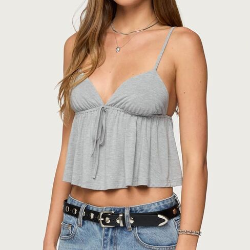 Women's Y2K Babydoll Cami Top Sleeveless V Neck Tie Front Crop Top Ruffle Hem Peplum Tank Shirt Going Out Camisole in Kuwait