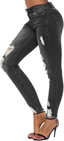 Women's Jeans Butt Lift Comfy Stretchy Ripped Skinny Mid Waist Destroyed Denim Pants (Pack of 2) in Saudi Arabia
