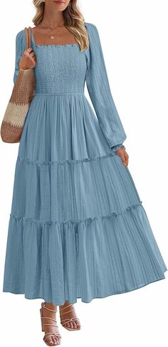 PRETTYGARDEN Maxi Dresses for Women 2025 Fall Boho Long Sleeve Smocked A Line Ruffle Holiday Party Long Dress with Pockets in Saudi Arabia