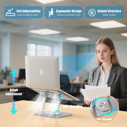 360 ° دوار كمبيوتر محمول حامل-2.5 ملم من الألومنيوم الفضائي الشاق ، ارتفاع قابل للتعديل وزاوية ، متينة وخفيفة الوزن ， حامل المكتب المريح لمدة 10-17 "Macbook/HP ، Silver in Kuwait