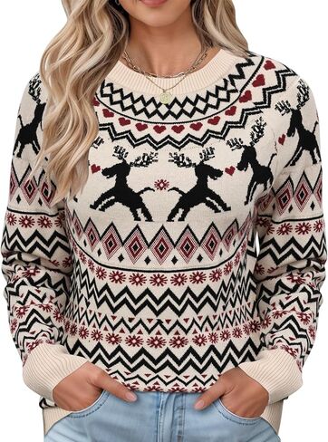 LOMON Womens Casual Lightweight Vintage Fair Isle Sweater Raglan Sleeve Crew Neck Knitted Pullover Comfy Warm Fall Tops in Saudi Arabia