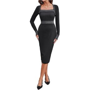 SOLY HUX Women's Long Sleeve Square Neck Bodycon Elegant Midi Dress Pencil Cocktail Party Dresses in Kuwait