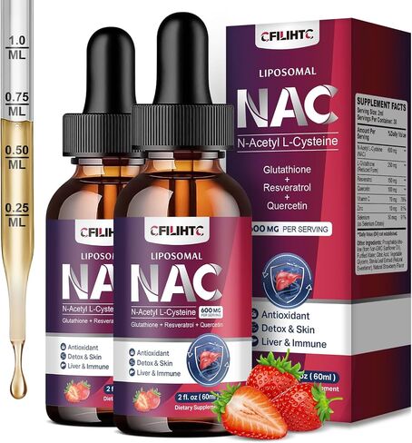Liposomal Liquid NAC Supplement N-Acetyl Cysteine Drops, N Acetyl Cysteine 600mg with Glutathione, Resveratrol & Zinc for Adults & Kids Liver Lung Antioxidant Immune & Skin Health, Strawberry 2 Fl Oz in Kuwait