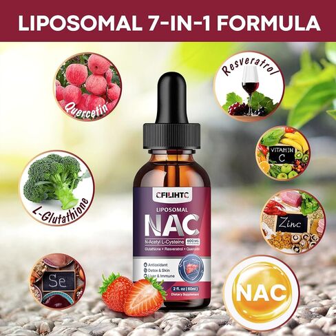 Liposomal Liquid NAC Supplement N-Acetyl Cysteine Drops, N Acetyl Cysteine 600mg with Glutathione, Resveratrol & Zinc for Adults & Kids Liver Lung Antioxidant Immune & Skin Health, Strawberry 2 Fl Oz in Kuwait
