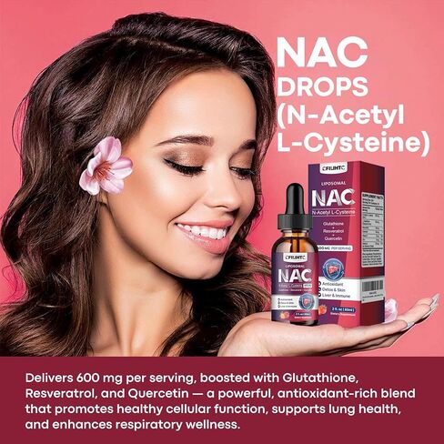 Liposomal Liquid NAC Supplement N-Acetyl Cysteine Drops, N Acetyl Cysteine 600mg with Glutathione, Resveratrol & Zinc for Adults & Kids Liver Lung Antioxidant Immune & Skin Health, Strawberry 2 Fl Oz in Kuwait