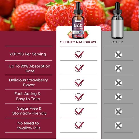 Liposomal Liquid NAC Supplement N-Acetyl Cysteine Drops, N Acetyl Cysteine 600mg with Glutathione, Resveratrol & Zinc for Adults & Kids Liver Lung Antioxidant Immune & Skin Health, Strawberry 2 Fl Oz in Kuwait