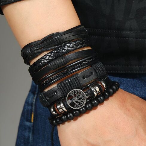 6 Pcs Minimalist Braided Bracelets for Men Women Handmade Braided Leather Bracelet Gothic Adjustable Wrap Bracelet Woven Ethnic Tribal Rope(Brown Black) in Saudi Arabia