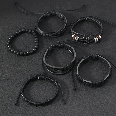 6 Pcs Minimalist Braided Bracelets for Men Women Handmade Braided Leather Bracelet Gothic Adjustable Wrap Bracelet Woven Ethnic Tribal Rope(Brown Black) in Saudi Arabia