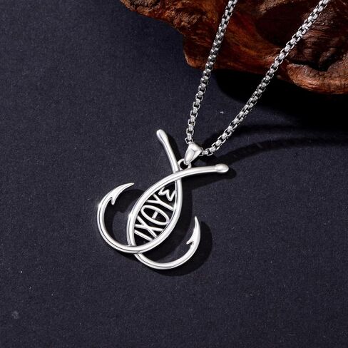 SIMONLY Fish Hook Necklace for Men 925 Sterling Silver Fish Pendant Necklace Fish Jewelry for Fishing Enthusiasts Christmas Father Day Gift in Saudi Arabia