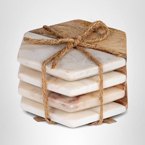 Creative Co-op Marble & Mango Wood Hexagon Coasters (مجموعة من 4 قطع) in Kuwait