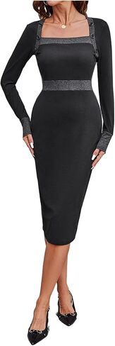SOLY HUX Women's Long Sleeve Square Neck Bodycon Elegant Midi Dress Pencil Cocktail Party Dresses in Kuwait