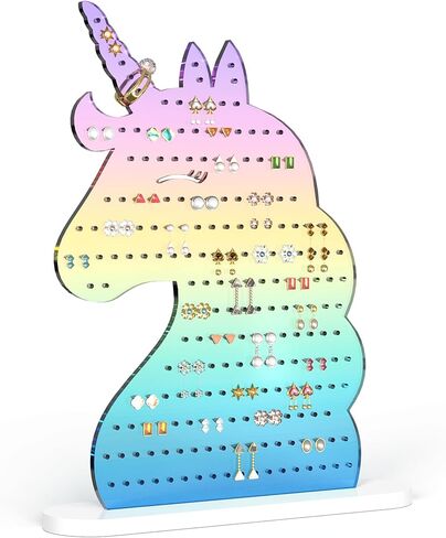 NiHome Iridescent Acrylic Unicorn Earring Holder with 214 Holes for 80–107 Pairs, Colorful Smiling Unicorn Jewelry Display Stand for Teens & Women, Stud & Dangle Earring Organizer with Anti-Slip Pads in Kuwait