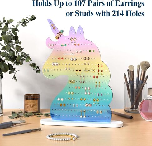 NiHome Iridescent Acrylic Unicorn Earring Holder with 214 Holes for 80–107 Pairs, Colorful Smiling Unicorn Jewelry Display Stand for Teens & Women, Stud & Dangle Earring Organizer with Anti-Slip Pads in Kuwait