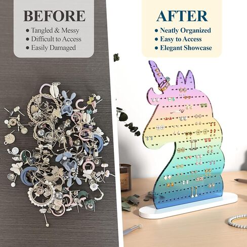 NiHome Iridescent Acrylic Unicorn Earring Holder with 214 Holes for 80–107 Pairs, Colorful Smiling Unicorn Jewelry Display Stand for Teens & Women, Stud & Dangle Earring Organizer with Anti-Slip Pads in Kuwait