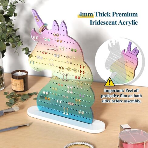 NiHome Iridescent Acrylic Unicorn Earring Holder with 214 Holes for 80–107 Pairs, Colorful Smiling Unicorn Jewelry Display Stand for Teens & Women, Stud & Dangle Earring Organizer with Anti-Slip Pads in Kuwait