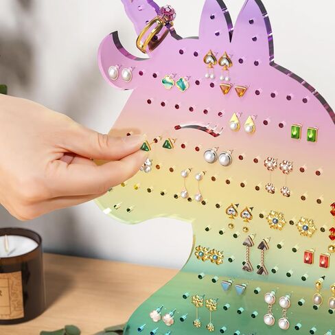 NiHome Iridescent Acrylic Unicorn Earring Holder with 214 Holes for 80–107 Pairs, Colorful Smiling Unicorn Jewelry Display Stand for Teens & Women, Stud & Dangle Earring Organizer with Anti-Slip Pads in Kuwait