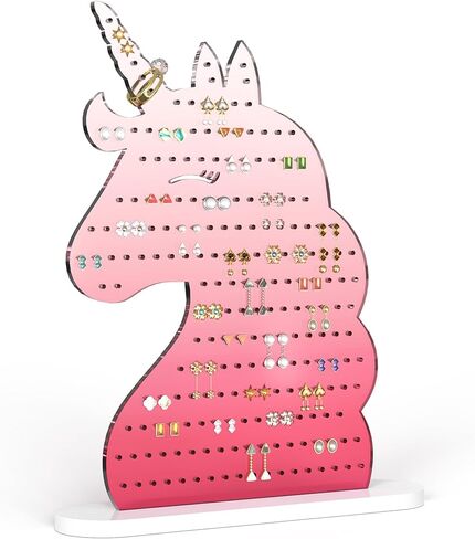 NiHome Iridescent Acrylic Unicorn Earring Holder with 214 Holes for 80–107 Pairs, Colorful Smiling Unicorn Jewelry Display Stand for Teens & Women, Stud & Dangle Earring Organizer with Anti-Slip Pads in Kuwait
