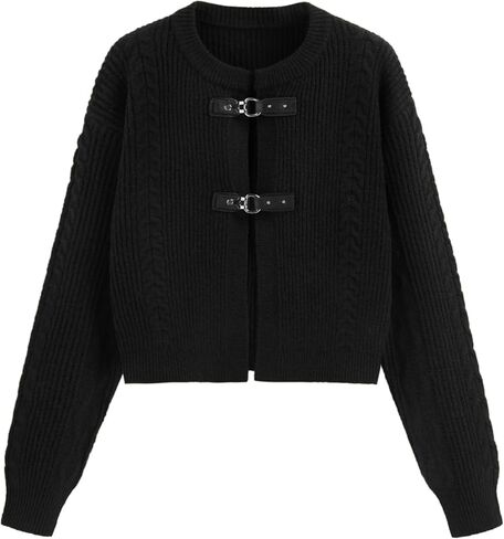 CIDER Cardigan Sweater for Women Round Neck Buckle Sweater Knitted Crop Top Long Sleeve Open Front Outerwear in Kuwait