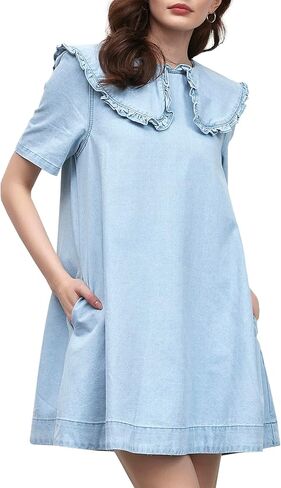 Kedera Womens Denim Mini Dress 2025 Peter Pan Collar Short Sleeve Casual Summer Babydoll Jean Dress with Pockets in Saudi Arabia