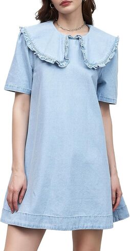 Kedera Womens Denim Mini Dress 2025 Peter Pan Collar Short Sleeve Casual Summer Babydoll Jean Dress with Pockets in Saudi Arabia