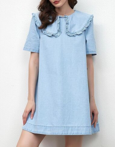 Kedera Womens Denim Mini Dress 2025 Peter Pan Collar Short Sleeve Casual Summer Babydoll Jean Dress with Pockets in Saudi Arabia