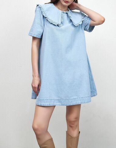 Kedera Womens Denim Mini Dress 2025 Peter Pan Collar Short Sleeve Casual Summer Babydoll Jean Dress with Pockets in Saudi Arabia