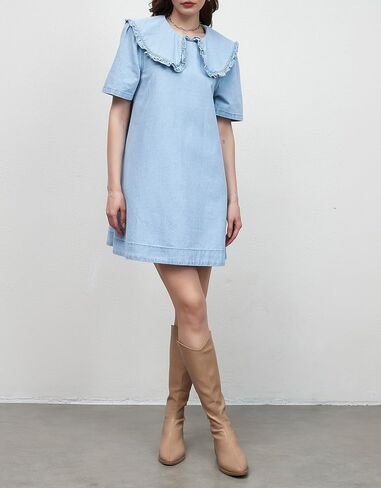 Kedera Womens Denim Mini Dress 2025 Peter Pan Collar Short Sleeve Casual Summer Babydoll Jean Dress with Pockets in Saudi Arabia