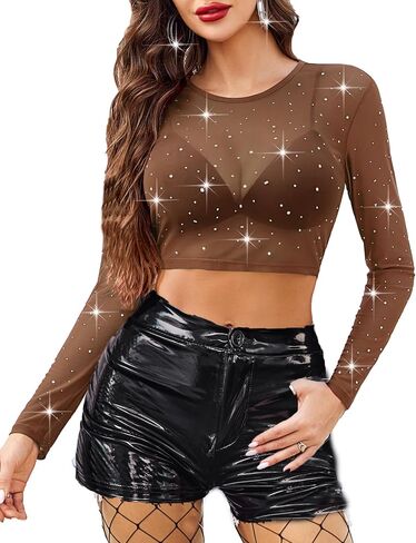 Avidlove Womens Sparkly Rhinestone Mesh Top Long Sleeve Sheer Shirt Crewneck Glitter Tops See Through Crop Top in Saudi Arabia