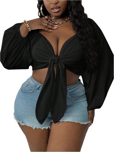 WDIRARA Women's Plus Size Sexy Deep V Neck Tie Front Long Sleeve Crop Tops Blouse in Kuwait