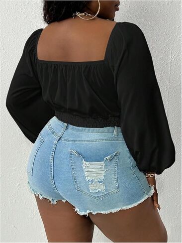 WDIRARA Women's Plus Size Sexy Deep V Neck Tie Front Long Sleeve Crop Tops Blouse in Kuwait