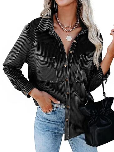 Cicy Bell Womens Velvet Button Down Shirt Casual Long Sleeve V Neck Collared Tops Fall Winter Shacket Jacket with Pockets in Saudi Arabia