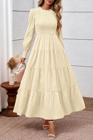 Prettygarden للسيدات الأكمام الطويلة Maxi فساتين 2025 السقوط غير الرسمي مزخرف الرقبة سويسرية النقطة ثياب زفاف مدعوم in Saudi Arabia
