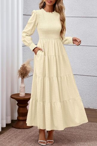 Prettygarden للسيدات الأكمام الطويلة Maxi فساتين 2025 السقوط غير الرسمي مزخرف الرقبة سويسرية النقطة ثياب زفاف مدعوم in Saudi Arabia