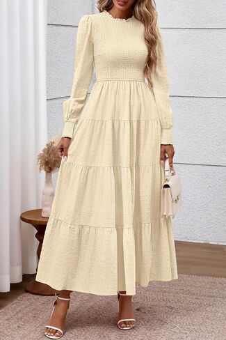 Prettygarden للسيدات الأكمام الطويلة Maxi فساتين 2025 السقوط غير الرسمي مزخرف الرقبة سويسرية النقطة ثياب زفاف مدعوم in Saudi Arabia