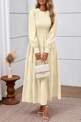 Prettygarden للسيدات الأكمام الطويلة Maxi فساتين 2025 السقوط غير الرسمي مزخرف الرقبة سويسرية النقطة ثياب زفاف مدعوم in Saudi Arabia