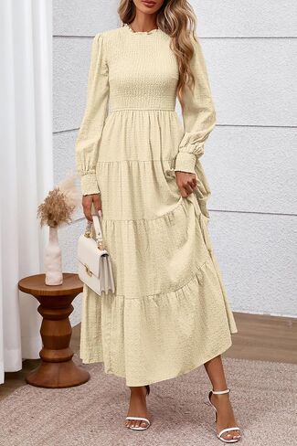 Prettygarden للسيدات الأكمام الطويلة Maxi فساتين 2025 السقوط غير الرسمي مزخرف الرقبة سويسرية النقطة ثياب زفاف مدعوم in Saudi Arabia
