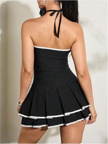 Floerns Women's Contrast Binding Tube Tops Dress Pleated Tiered Party A Line Dresses in Saudi Arabia