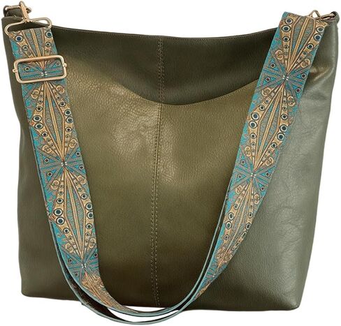 Hobo Crossbody Bag for Women Vegan PU Leather Shoulder Purses Brown Stylish Wide Guitar Strap Tote Bucket Bag with Zipper for Working, Shopping, Traveling, Daily Use, Gifts in Kuwait