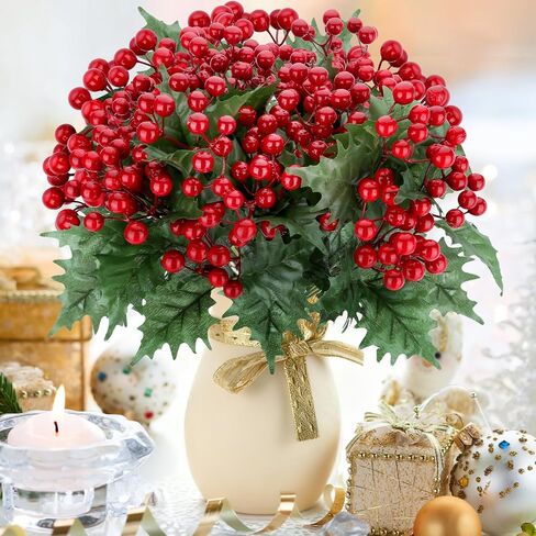 4 حزم من زهور عيد الميلاد الاصطناعية مع سيقان التوت الأحمر، وفروع إكليل الصنوبر نورفولك المزيفة لديكور الشتاء، وأعواد شجرة إكليل عيد الميلاد الصناعية والحرف اليدوية in Kuwait