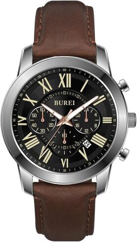 BUREI Men's Leather Watches Chronograph Quartz Watches for Men Classic Fashion Wristwatch Relojes para Hombres,Gift for Men(Brown Black) in Kuwait