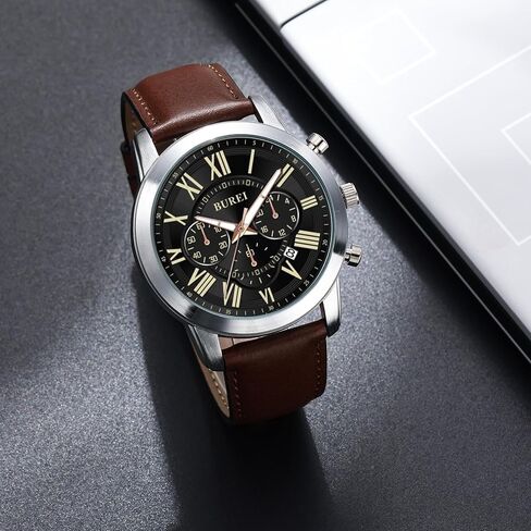 BUREI Men's Leather Watches Chronograph Quartz Watches for Men Classic Fashion Wristwatch Relojes para Hombres,Gift for Men(Brown Black) in Kuwait